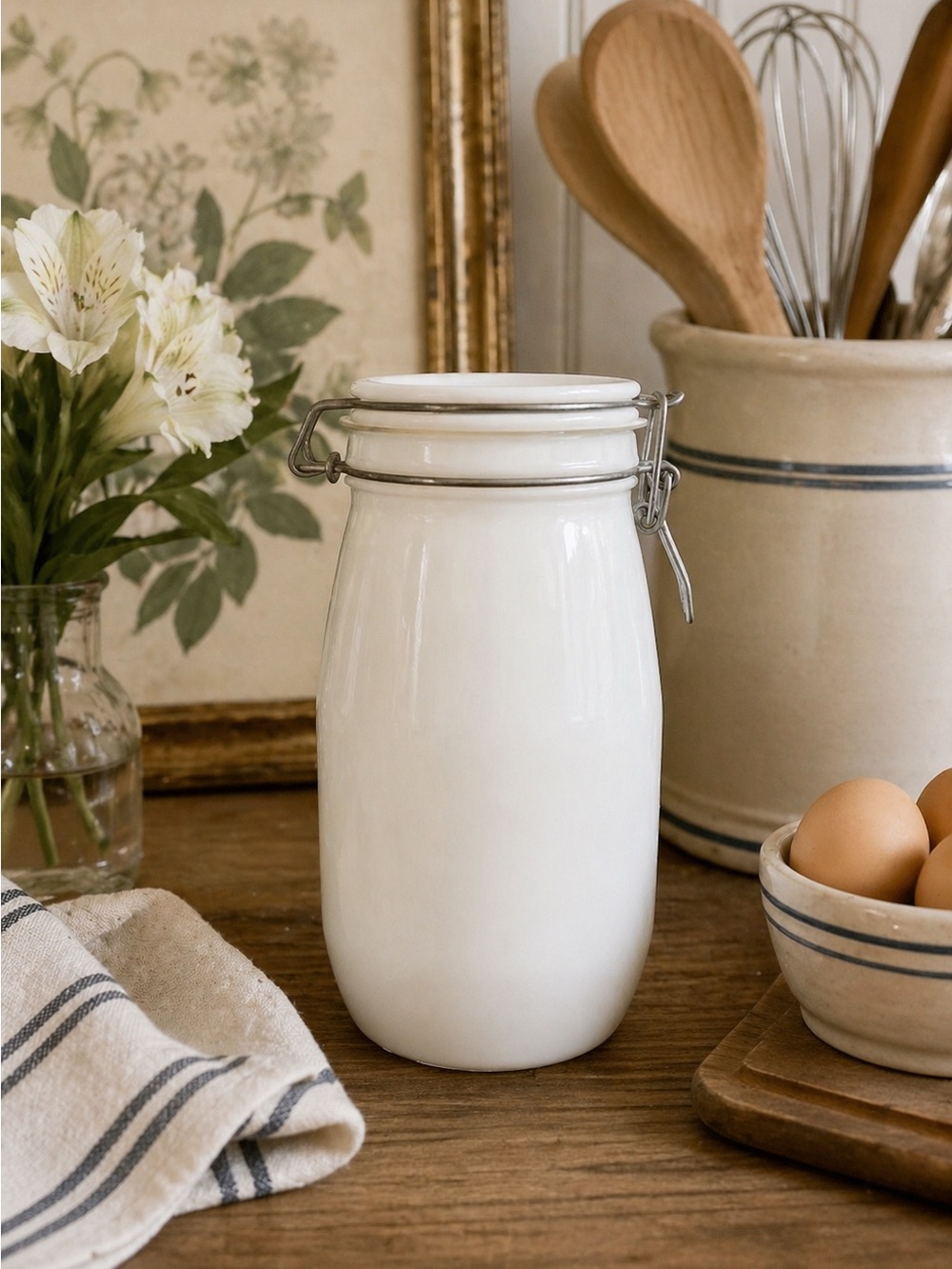 Vintage Milk Glass 1.5L Canister Jar w Wire Bail Lid Mid-Century Kitchen Decor
